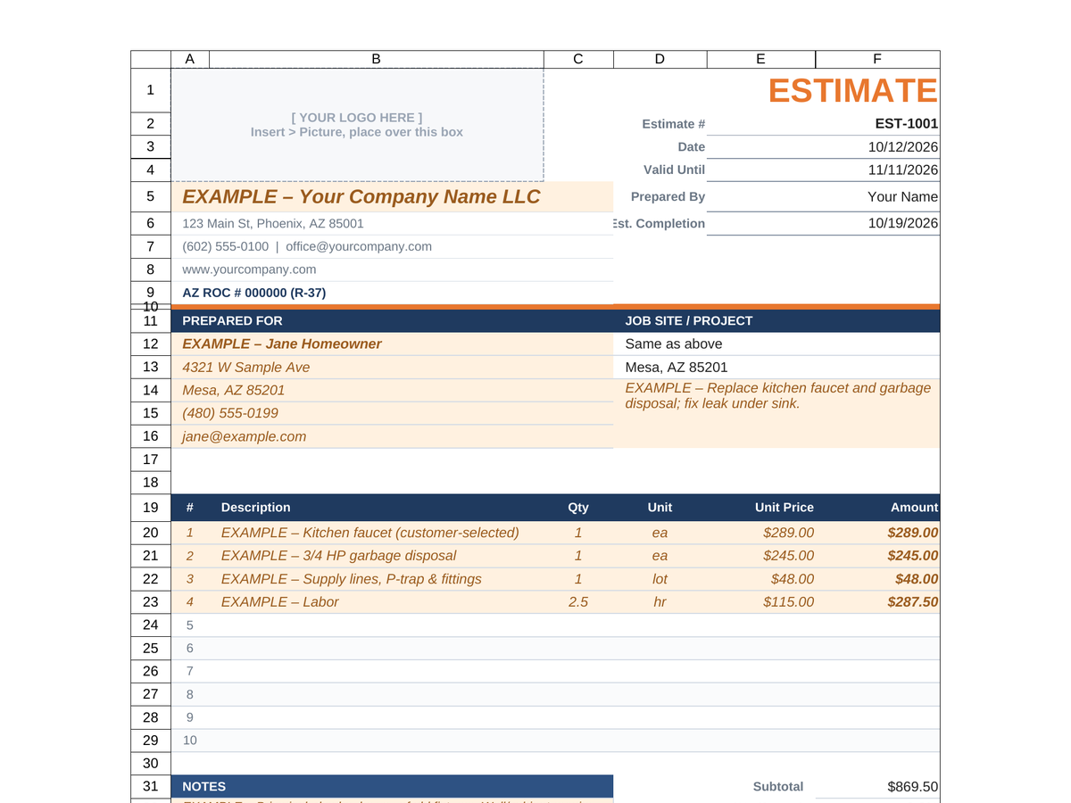 Preview of the free Estimate Lite spreadsheet, a one-page contractor estimate.
